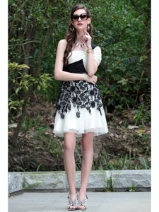 One Shoulder Knee Length A-line Sleeveless White And Black Homecoming Dress Criss Cross