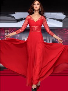 V-neck Sleeveless Zipper Celebrity Evening Dresses Red Chiffon