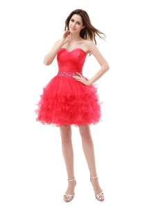High Quality Beading and Ruffled Layers Red Zipper Sleeveless Knee Length