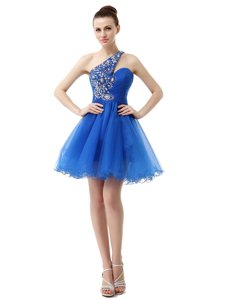 High Quality Knee Length Blue Prom Evening Gown One Shoulder Sleeveless Criss Cross