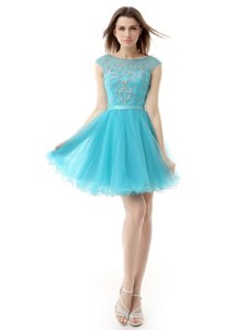 Dazzling Knee Length Aqua Blue Prom Evening Gown Bateau Sleeveless Zipper