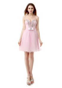 Flirting Baby Pink Evening Dress Prom and Party and For with Beading V-neck Sleeveless Zipper