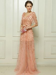 Beauteous Champagne Tulle Zipper V-neck Cap Sleeves With Train Homecoming Dress Brush Train Beading and Appliques