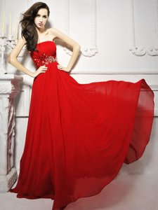 Dazzling Beading and Ruching Red Lace Up Sleeveless With Brush Train