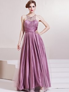 Top Selling Scoop Pink Sleeveless Floor Length Beading and Ruching Zipper Prom Dresses