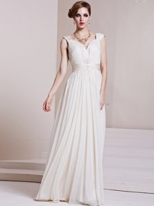 Best V-neck Cap Sleeves Backless Prom Party Dress White Chiffon