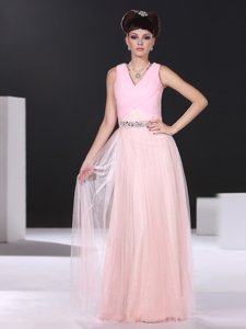 Traditional Pink Side Zipper Junior Homecoming Dress Beading and Ruching Sleeveless Floor Length