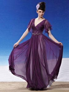 Super Dark Purple Column/Sheath V-neck Short Sleeves Chiffon Ankle Length Side Zipper Beading and Ruching Homecoming Dress