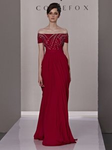 Custom Design Column/Sheath Pageant Dresses Red Off The Shoulder Chiffon Short Sleeves Floor Length Zipper