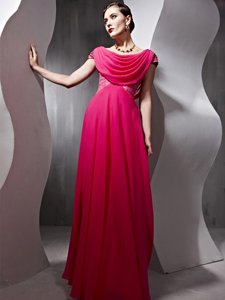 Deluxe Scoop Cap Sleeves Floor Length Beading and Ruching Watermelon Red Chiffon