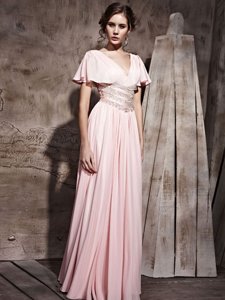 Pink Prom Dress Prom and Party and For with Beading and Ruching V-neck Short Sleeves Side Zipper
