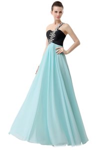 On Sale One Shoulder Black and Baby Blue Sleeveless Floor Length Beading and Ruffles Zipper Prom Evening Gown