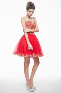 Designer A-line Prom Gown Coral Red Sweetheart Organza Sleeveless Mini Length Side Zipper