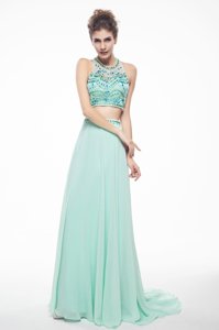 Free and Easy Scoop Sleeveless Prom Dresses With Brush Train Beading Apple Green Chiffon