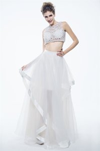 Noble Chiffon Scoop Sleeveless Zipper Beading and Lace Prom Dresses in White