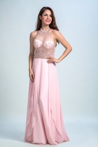 Vintage Halter Top Baby Pink Empire Beading Dress for Prom Criss Cross Chiffon Sleeveless Floor Length