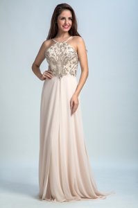 High Class Sequins Empire Evening Gowns Baby Pink Spaghetti Straps Chiffon Sleeveless Floor Length Backless