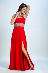 Great Straps Sleeveless Evening Dress Floor Length Beading Coral Red Taffeta