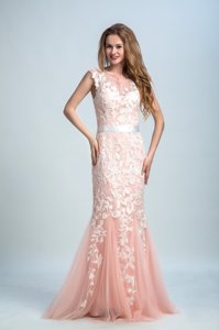Hot Sale Peach Bateau Neckline Lace Prom Evening Gown Sleeveless Zipper
