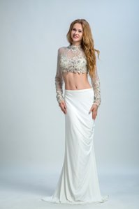 Hot Selling Beading Dress for Prom White Backless Long Sleeves Floor Length