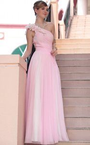 Dramatic Baby Pink Prom Evening Gown Prom and Party and For with Beading and Hand Made Flower One Shoulder Sleeveless Side Zipper