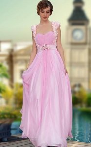Popular Rose Pink Sleeveless Belt and Hand Made Flower Floor Length Homecoming Dress
