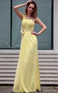 Decent One Shoulder Sleeveless Floor Length Beading Side Zipper Prom Dress with Light Yellow
