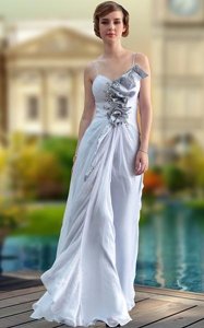 Floor Length Silver Prom Dress V-neck Sleeveless Zipper