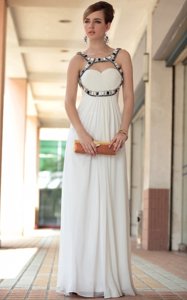 Sleeveless Chiffon Floor Length Side Zipper Celebrity Style Dress in White for with Beading and Ruching