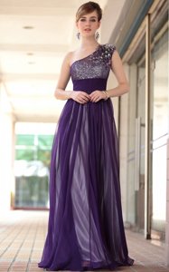 Customized Purple Side Zipper One Shoulder Beading and Appliques Prom Evening Gown Chiffon Sleeveless