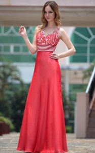 Stunning Red V-neck Side Zipper Appliques Prom Party Dress Sleeveless