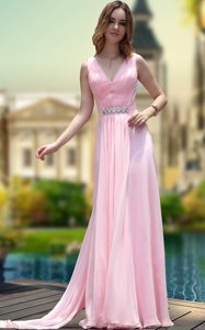 Customized Column/Sheath Prom Dress Pink V-neck Chiffon Sleeveless Floor Length Zipper