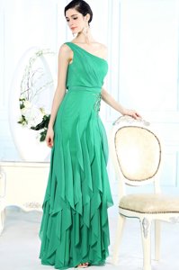 Cute Green Side Zipper One Shoulder Appliques Prom Gown Chiffon Sleeveless