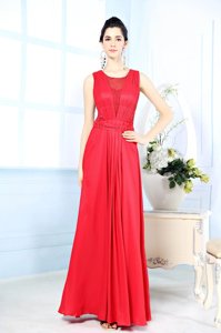Suitable Red Chiffon Zipper Scoop Sleeveless Floor Length Homecoming Dress Ruching
