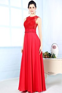Perfect Scoop Floor Length Zipper Prom Dresses Red and In for Prom and Party with Beading
