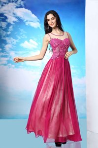 Custom Design Watermelon Red Column/Sheath Chiffon Scoop Sleeveless Beading Floor Length Side Zipper Evening Dress