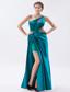 Teal Column / Sheath One Shoulder Prom Dress Elastic Woven Satin Beading and Ruch Floor-length