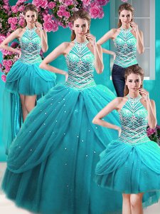 Fashion Four Piece Pick Ups Ball Gowns Quinceanera Dress Aqua Blue Halter Top Tulle Sleeveless Floor Length Lace Up