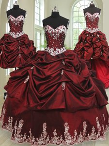 Gorgeous Four Piece Wine Red Ball Gowns Beading and Appliques and Pick Ups Ball Gown Prom Dress Lace Up Taffeta Sleeveless Floor Length