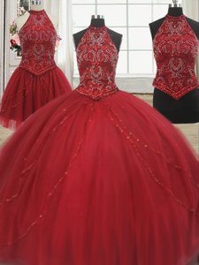 Low Price Three Piece Red Halter Top Lace Up Beading Quinceanera Gowns Court Train Sleeveless