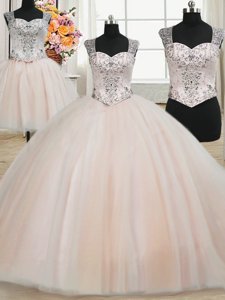 Perfect Three Piece Straps Straps Floor Length Ball Gowns Sleeveless Pink Sweet 16 Dress Zipper