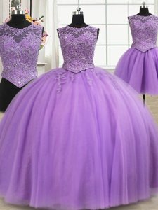 Fitting Three Piece Scoop Floor Length Lace Up 15 Quinceanera Dress Lilac and In for Military Ball and Sweet 16 and Quinceanera with Beading and Appliques