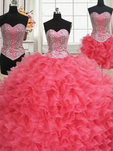 Perfect Three Piece Sweetheart Sleeveless 15 Quinceanera Dress Floor Length Beading and Ruffles Coral Red Organza