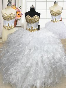 Flare Three Piece Organza Sleeveless Floor Length Quinceanera Dress and Beading and Ruffled Layers