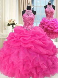 Graceful Three Piece Halter Top Beading and Ruffles and Pick Ups Quinceanera Dresses Hot Pink Lace Up Sleeveless Floor Length