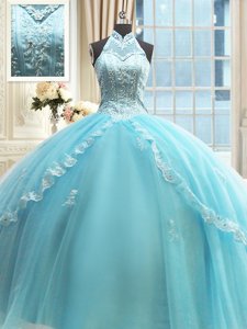 Flirting Aqua Blue Tulle Lace Up Halter Top Sleeveless Floor Length Vestidos de Quinceanera Beading and Lace and Appliques