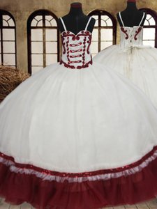 Decent White And Red Ball Gowns Straps Sleeveless Organza Floor Length Lace Up Beading Quinceanera Dresses