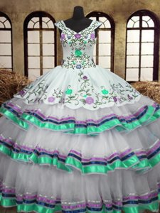 New Style White Organza and Taffeta Lace Up Straps Sleeveless Floor Length Quinceanera Dresses Embroidery and Ruffled Layers