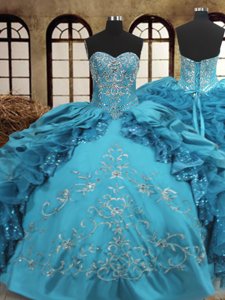 Teal Sleeveless Beading and Embroidery and Ruffles Floor Length Quinceanera Dresses