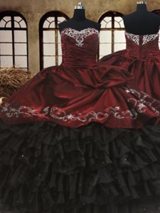 Great Ruffled Floor Length Black and Wine Red Quince Ball Gowns Sweetheart Sleeveless Lace Up